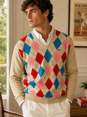 Lacoste Men’s Medium Argyle Cotton Sweater Preppy Golf Core